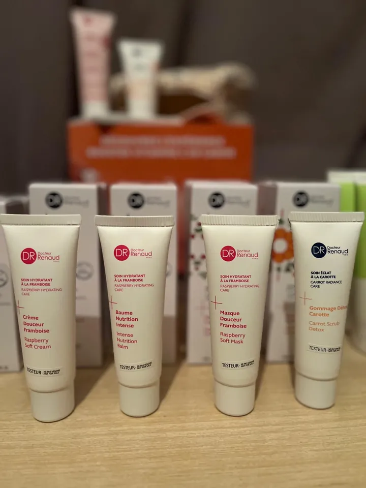 Soins hydratants à la framboise DR Renaud : crème douceur, baume nutrition intense, masque douceur et gommage détox carotte