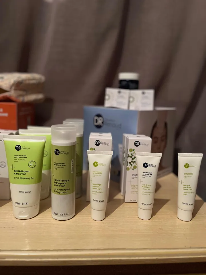 Soins purifiants au citron vert DR Renaud : gel nettoyant, lotion tonique, gommage, gel-crème matifiant et masque clarifiant